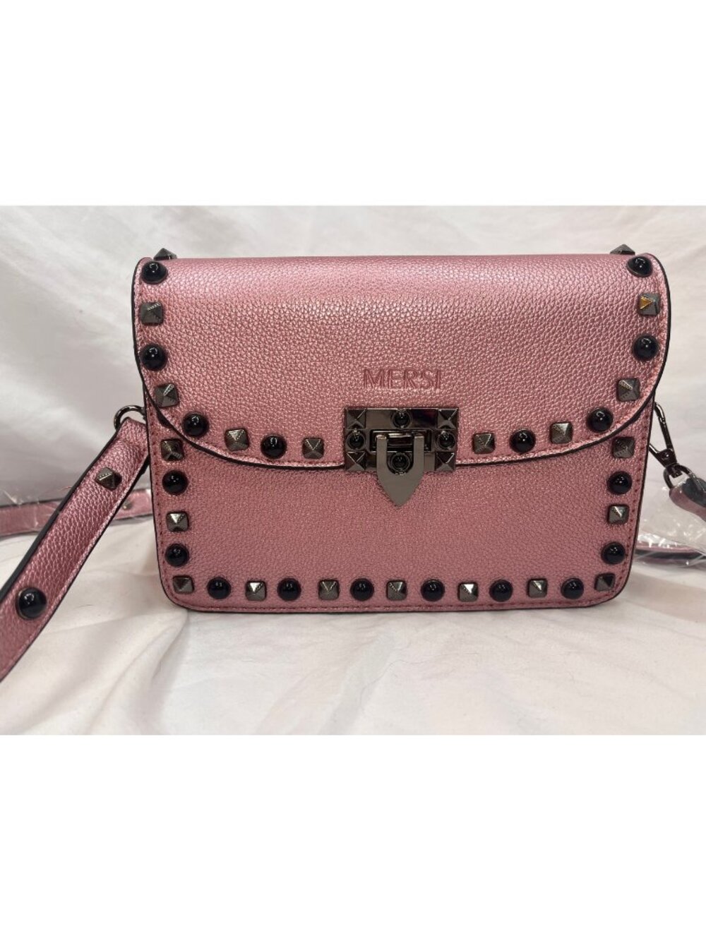 MERSI Ruby Metallic Pink Studded Vegan Leather Crossbody Bag NWT